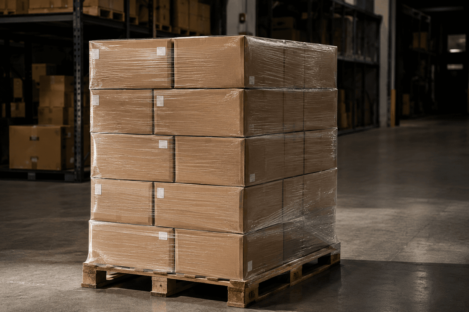 Shrink-wrapped pallet of cardboard boxes on a warehouse floor
