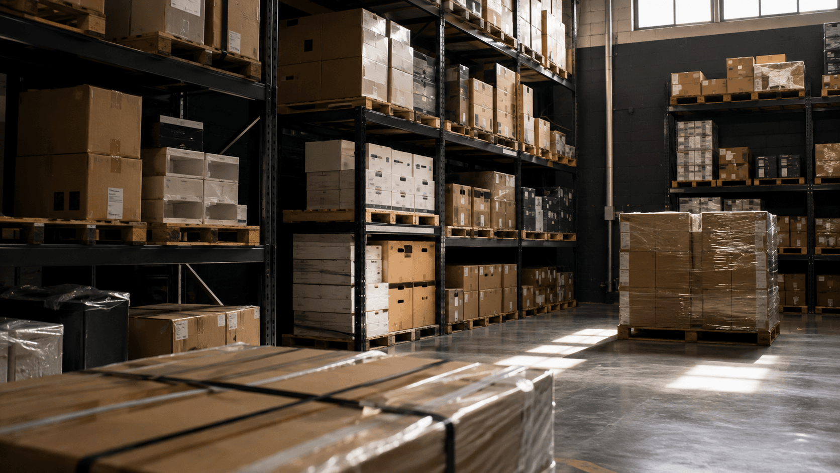 Racked warehouse shelving stacked with boxed goods